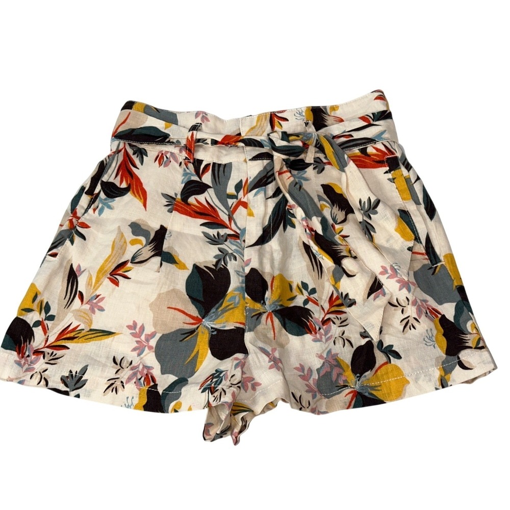 Cynthia Rowley XS Floral Linen Shorts With Tie Waist Elastic Back Pockets & Trop